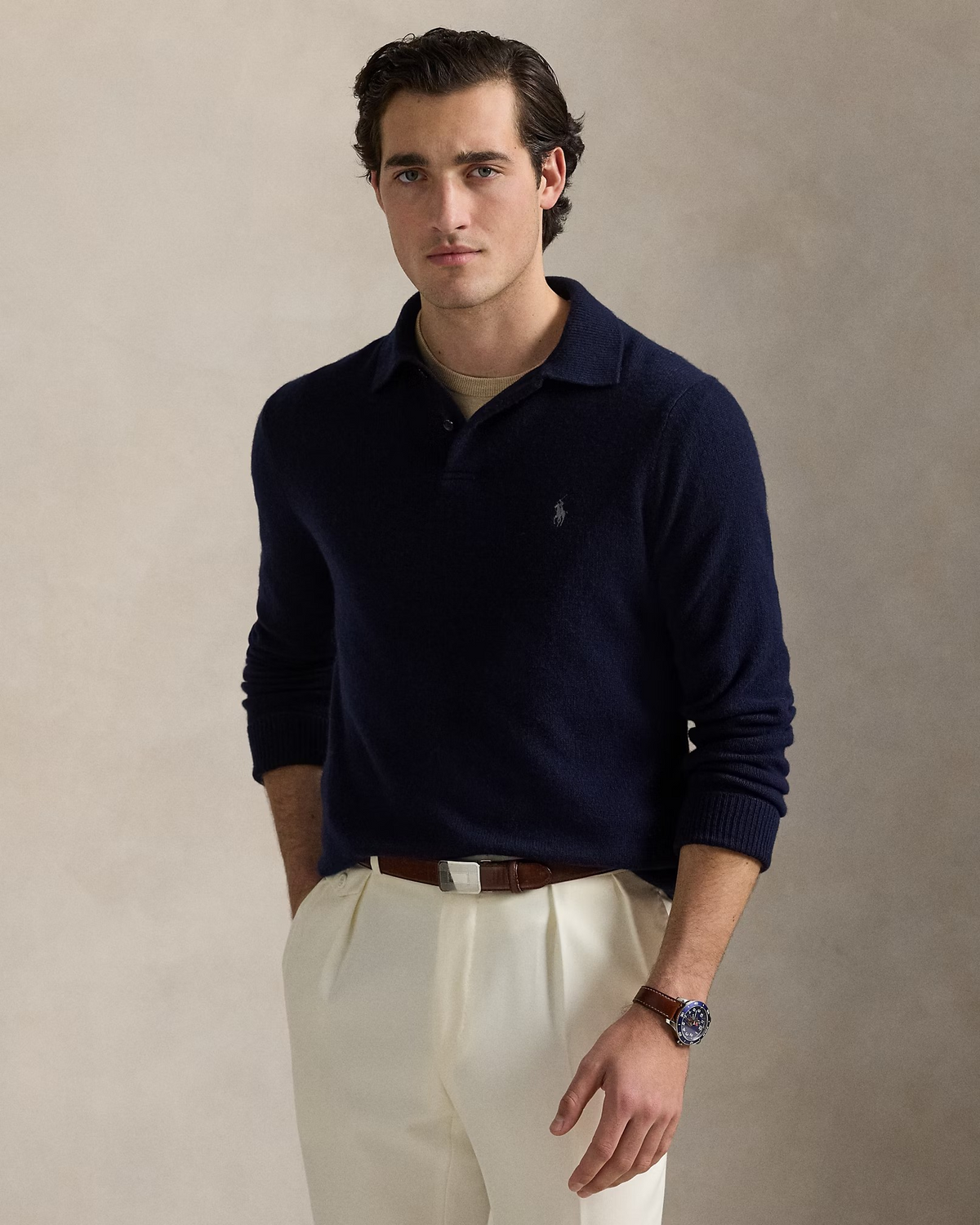 Wool-Cotton Polo Collar Jumper - Navy