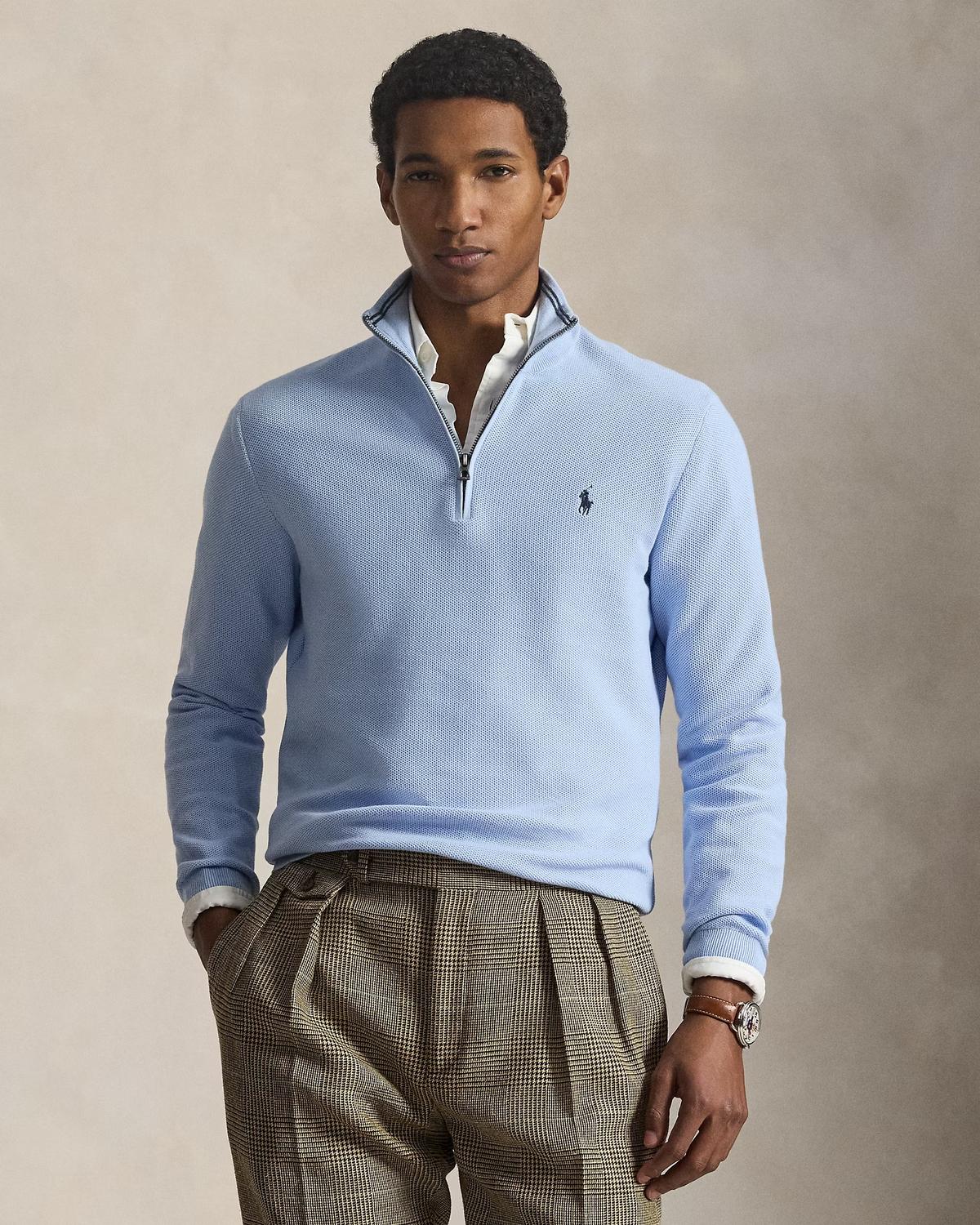 Quarter Zip Textured Mesh Knit Jumper - Sky