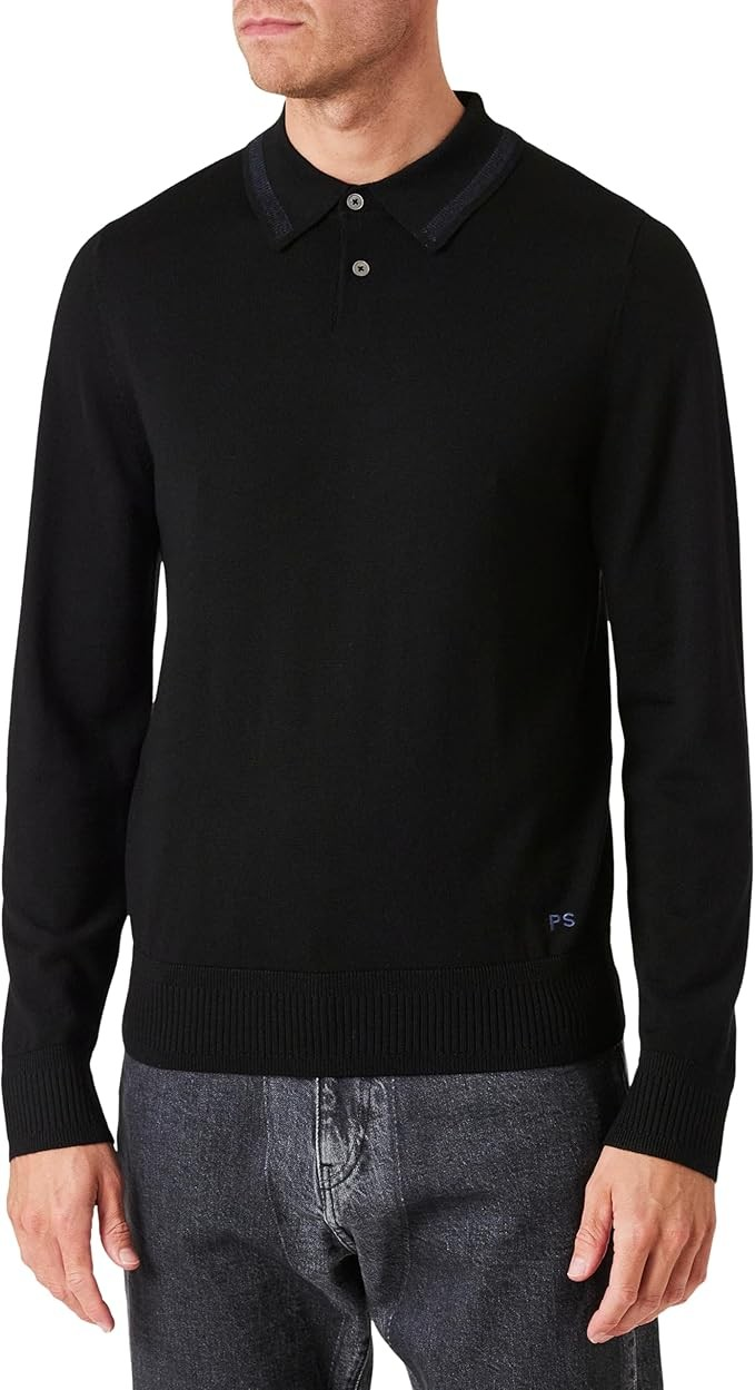 Merino Wool Long Sleeve Polo - Black