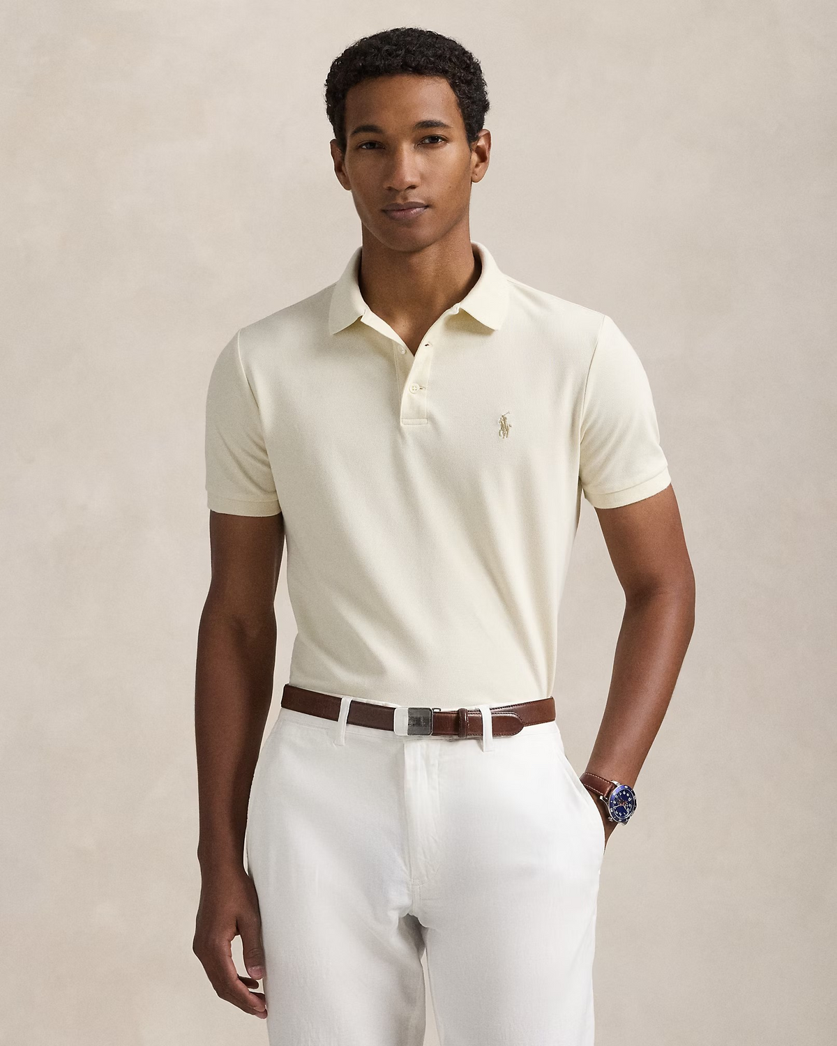 Custom Slim Fit Stretch Mesh Polo - Cream