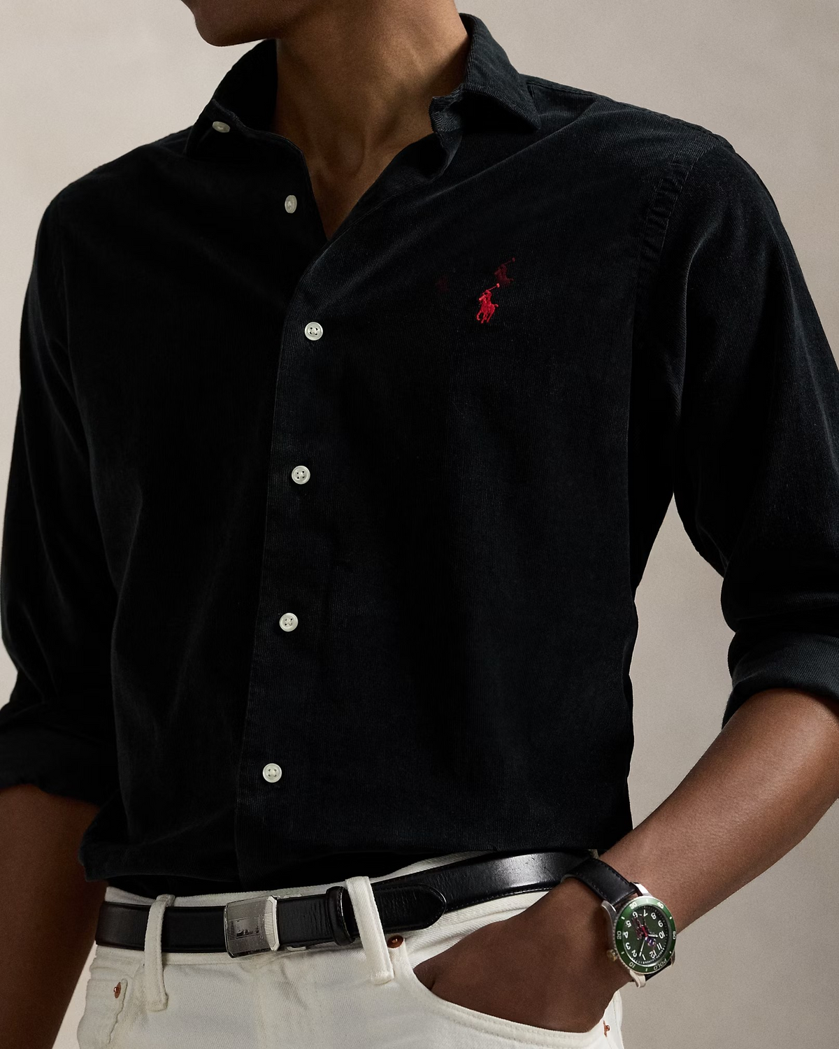 Custom Fit Corduroy Shirt - Black