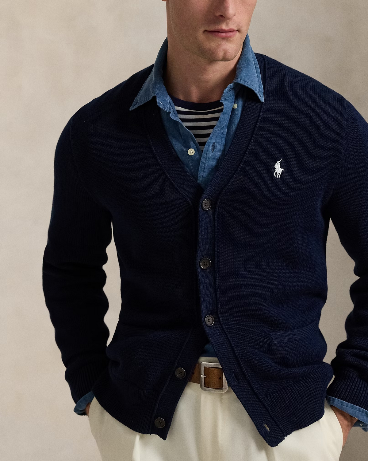 Cotton V-Neck Cardigan - Navy