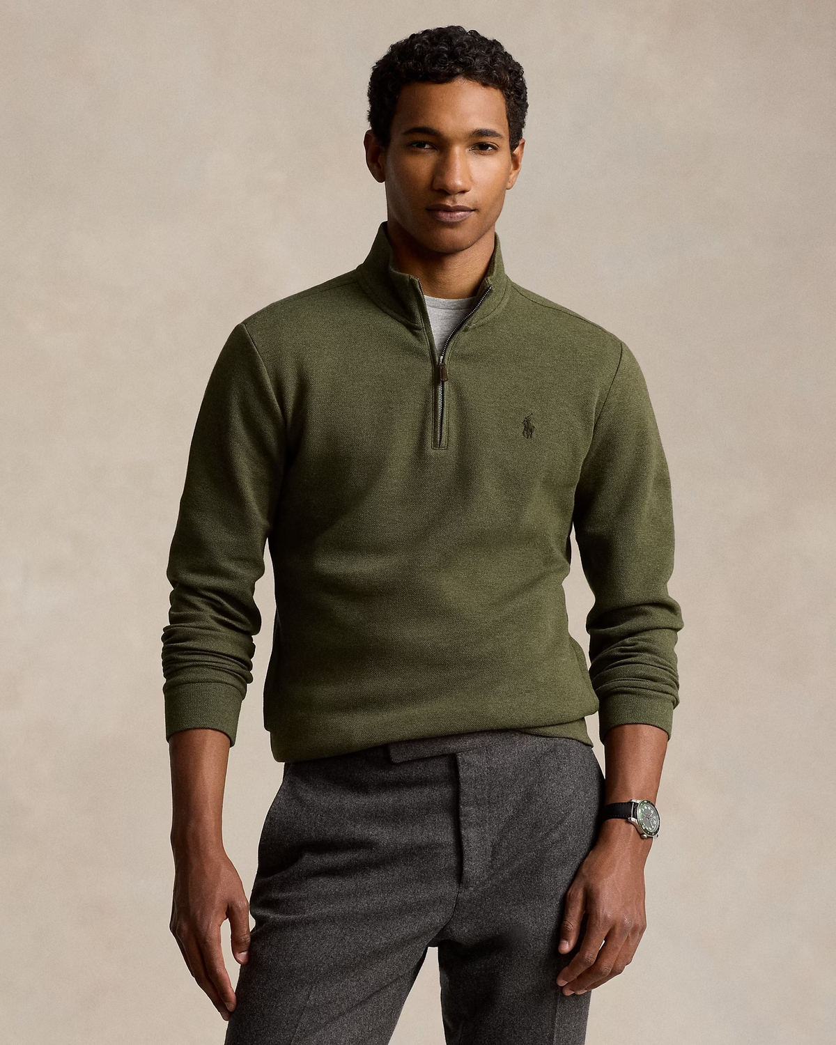 Quarter Zip Textured Mesh Knit Jumper - Green