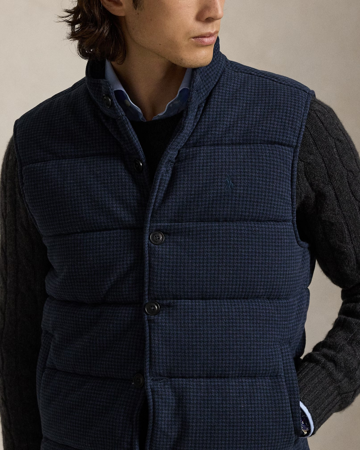 Houndstooth Print Estate Rib Gillet - Navy