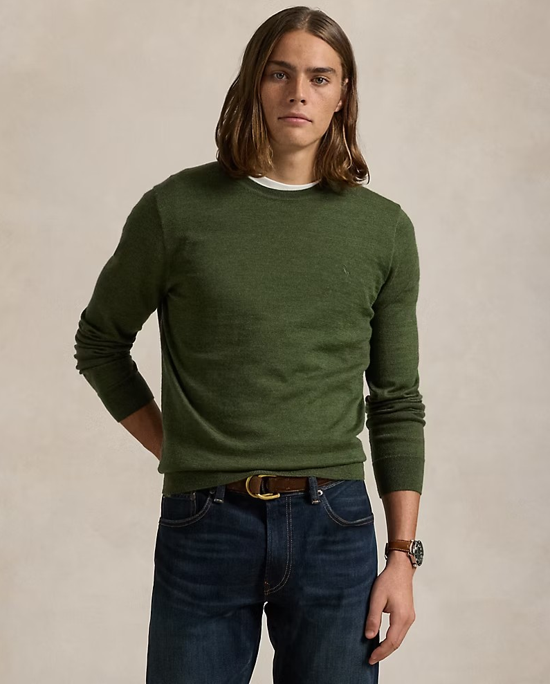 Slim Fit Washable Wool Crewneck Jumper - Olive Heather