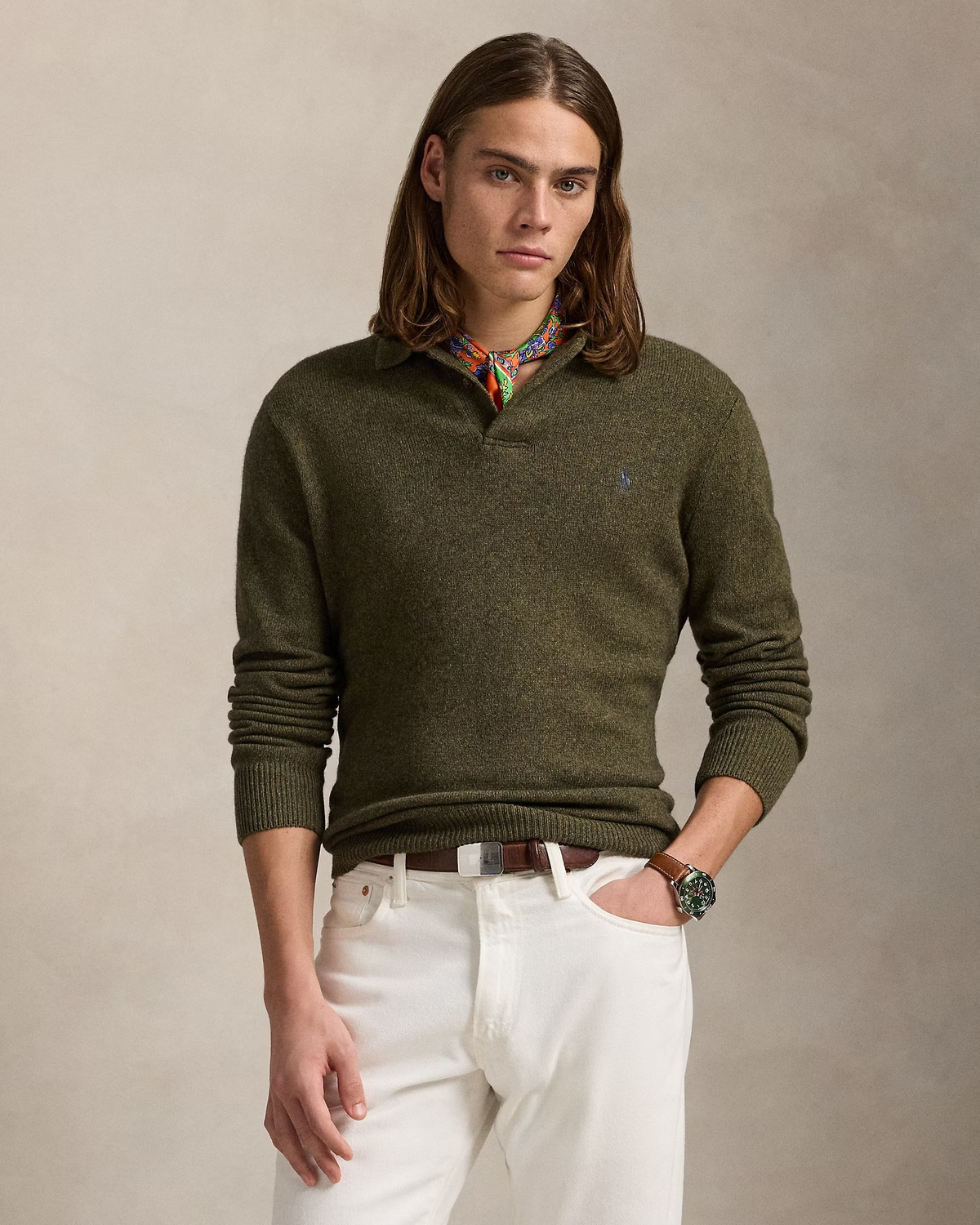 Wool-Cotton Polo Collar Jumper - Olive Green