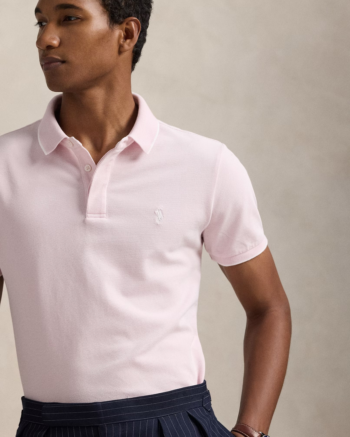 Custom Slim Fit Tipped Stretch Oxford Mesh Polo - Pink