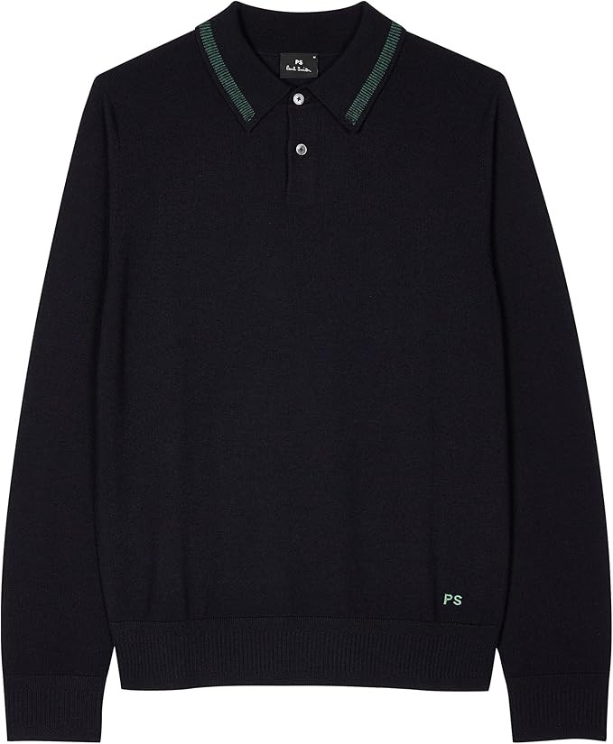 Merino Wool Long Sleeve Polo -Navy