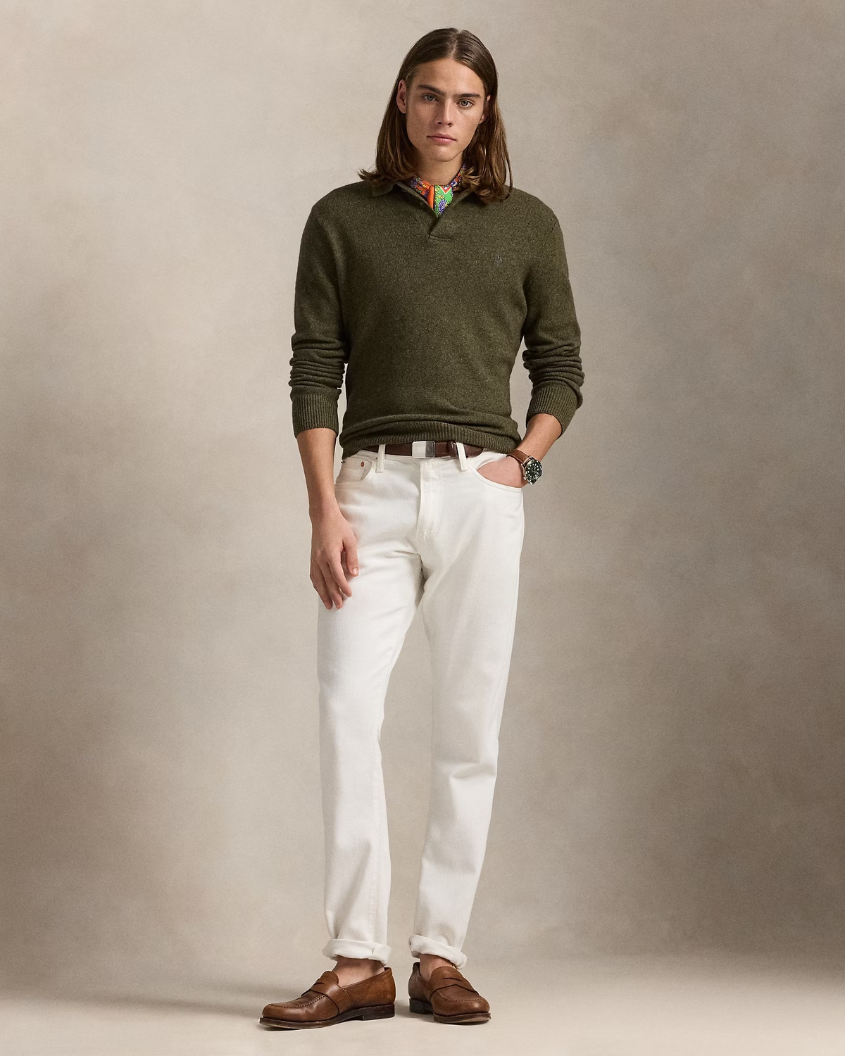 Wool-Cotton Polo Collar Jumper - Olive Green