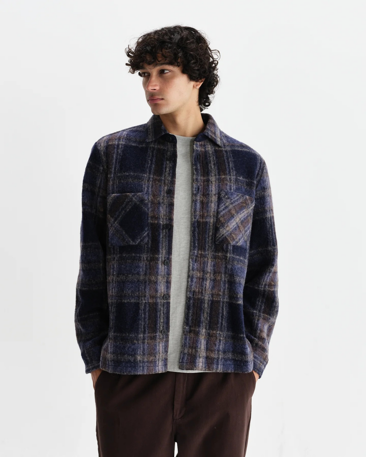 Whiting Wool Blend Check Overshirt - Navy