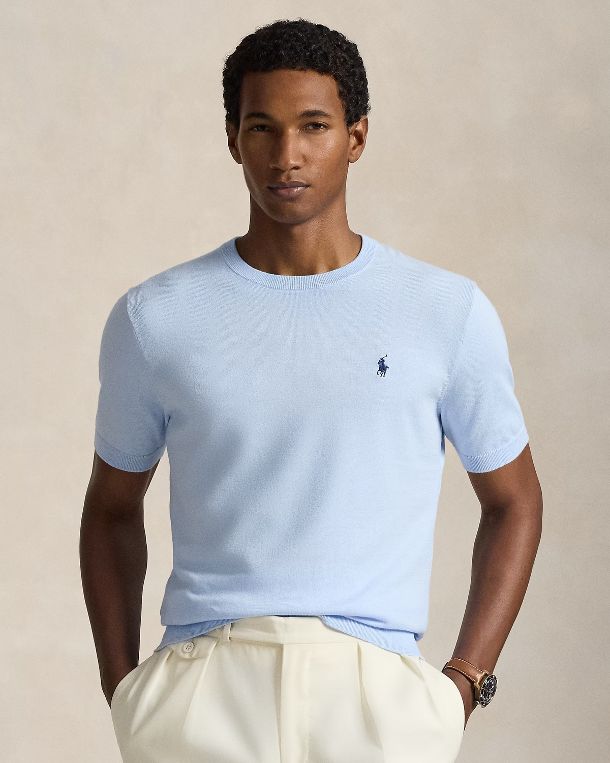 Knitted Cotton Crewneck T-Shirt - Sky