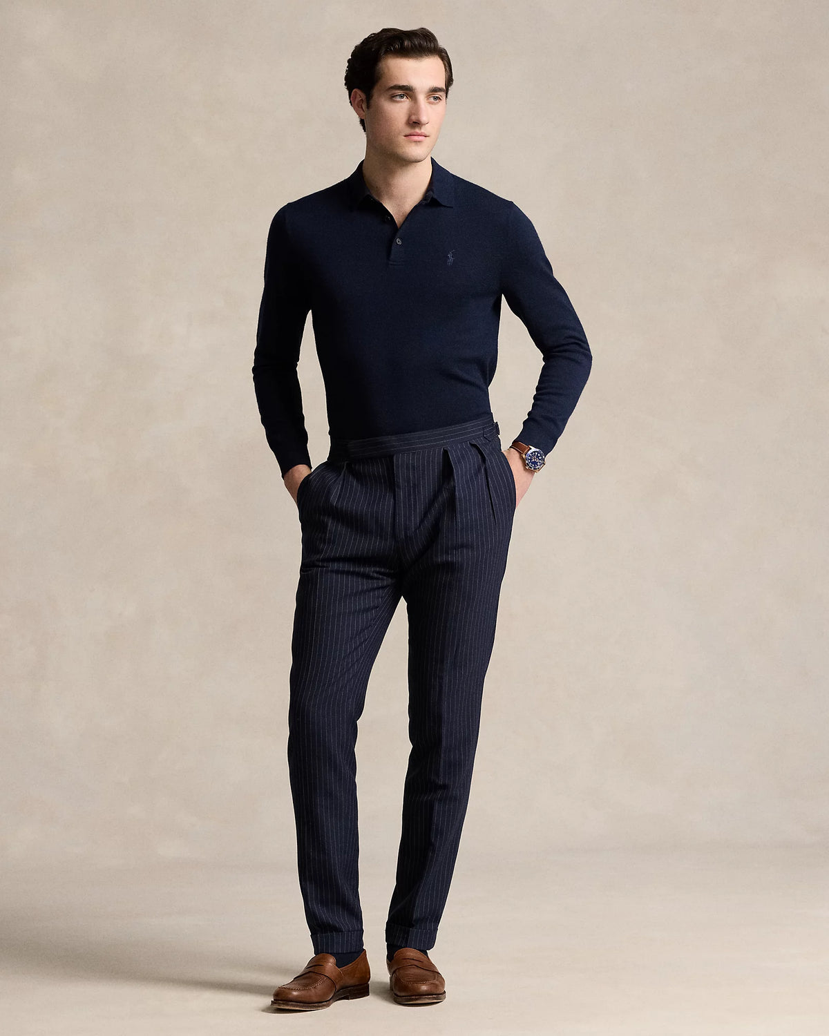 Knitted Long Sleeve Merino Wool Polo - Navy