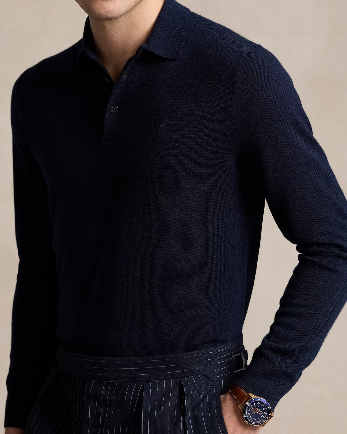 Knitted Long Sleeve Merino Wool Polo - Navy