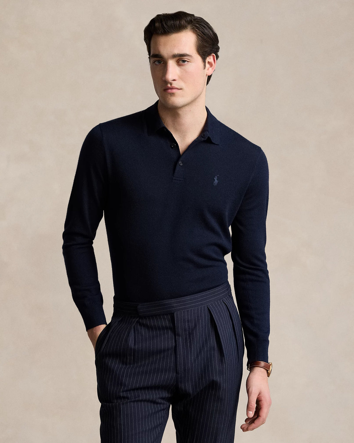 Knitted Long Sleeve Merino Wool Polo - Navy