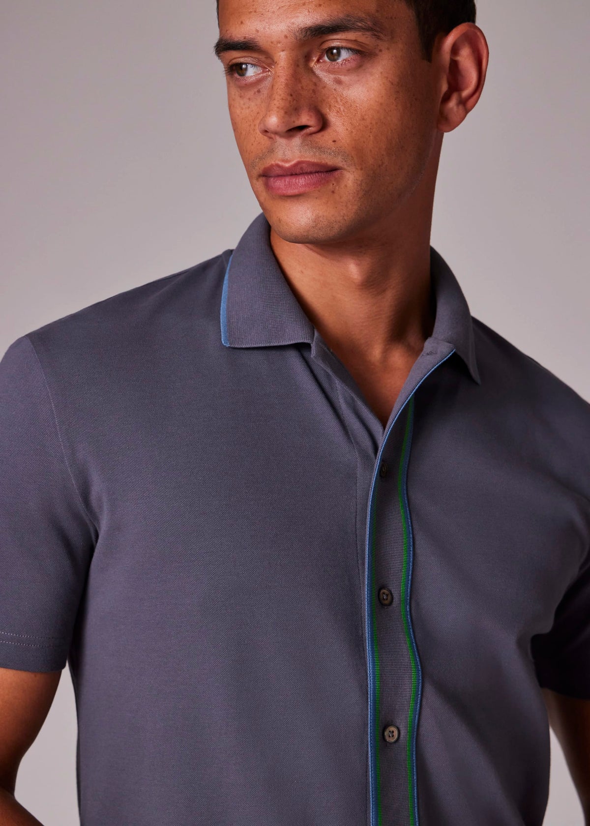 Full Button Stretch Polo Shirt - Grey