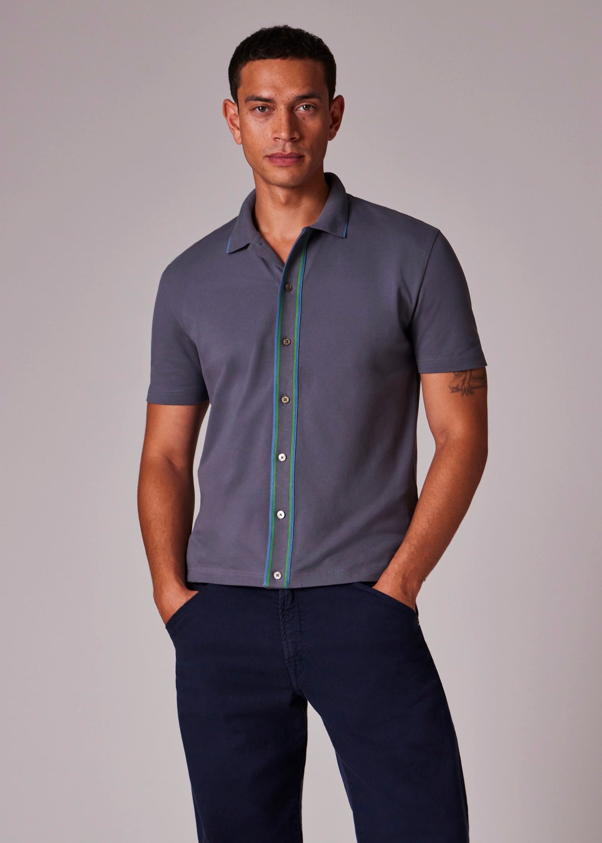 Full Button Stretch Polo Shirt - Grey