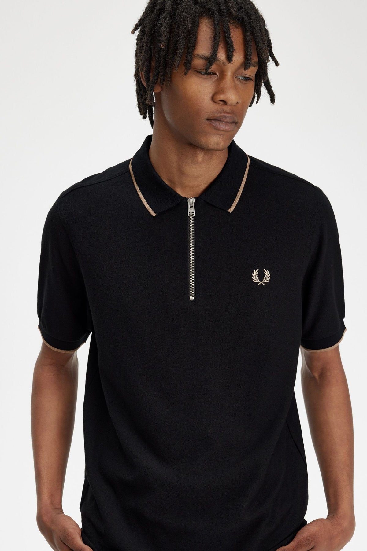 Crepe Piqué Zip Neck Polo Shirt - Black