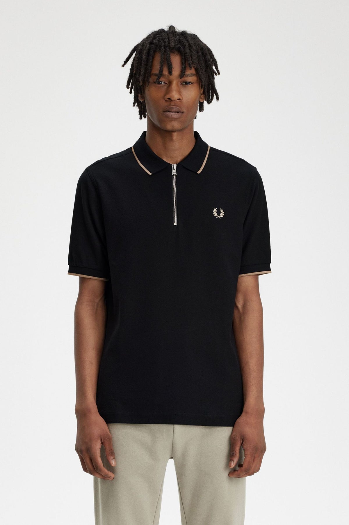 Crepe Piqué Zip Neck Polo Shirt - Black