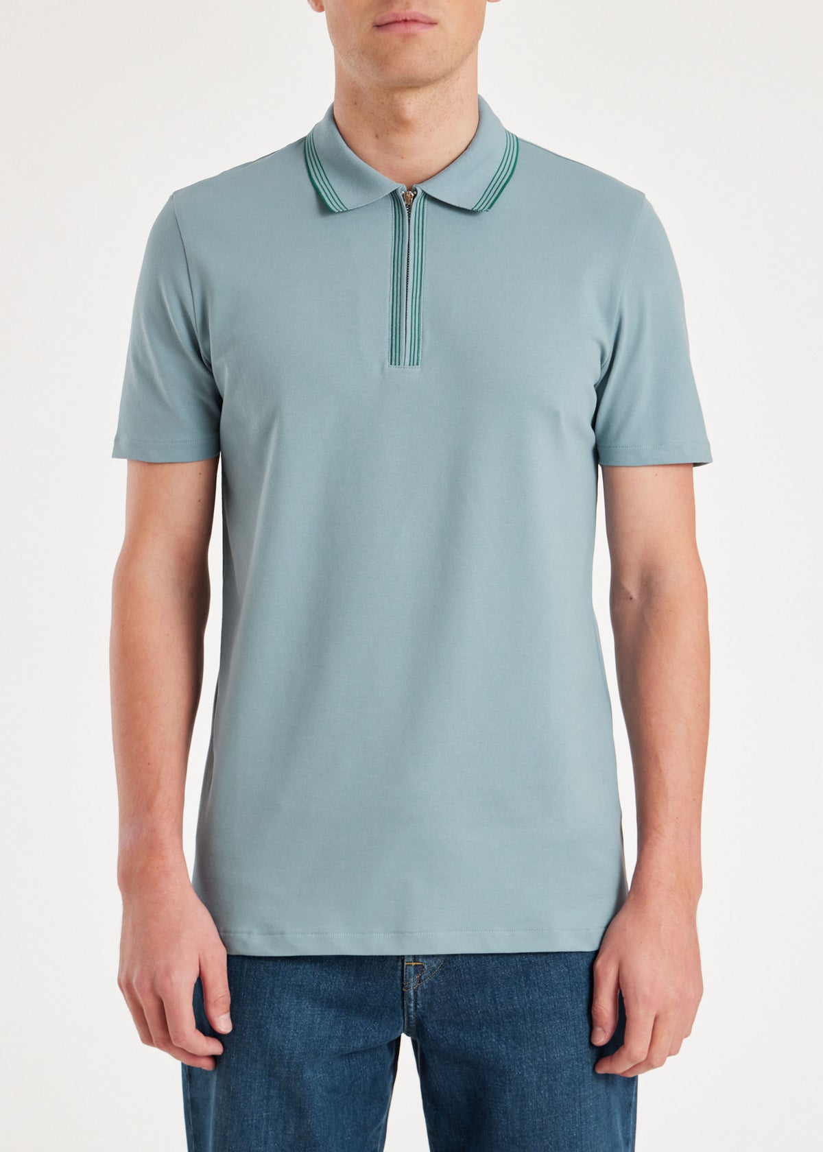 Zip Neck Stretch-Cotton Polo Shirt - Sky Blue