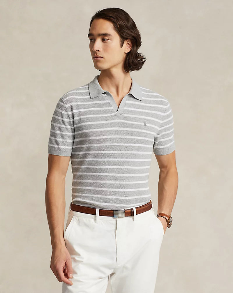 Textured Cotton-Linen Short Sleeve Polo - Grey/White