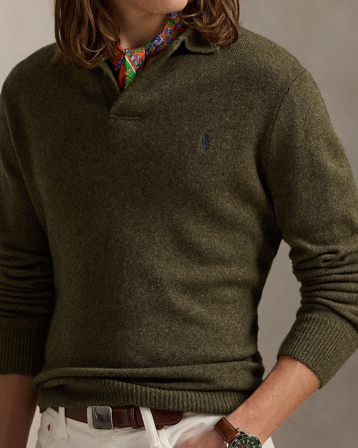 Wool-Cotton Polo Collar Jumper - Olive Green