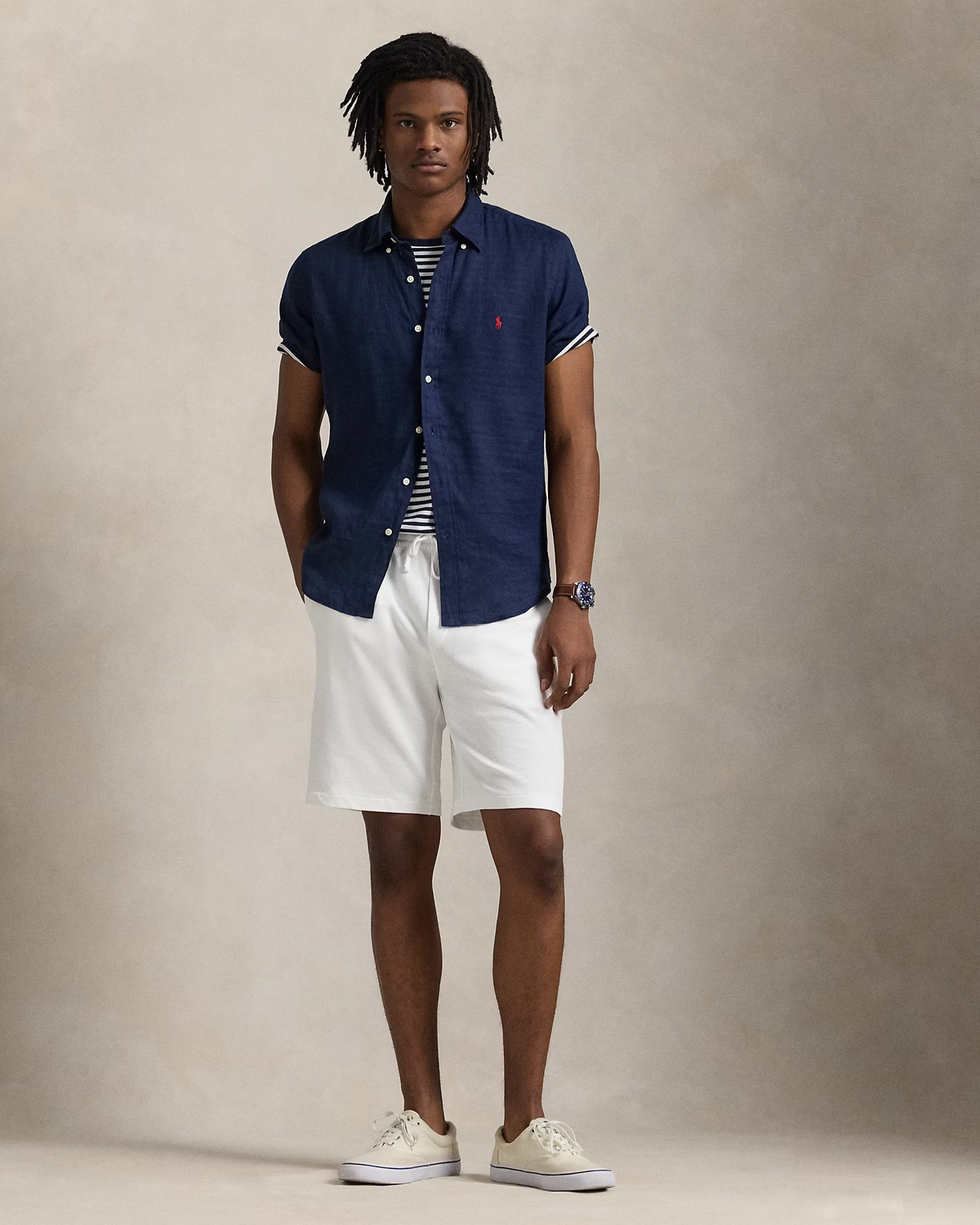 Custom Fit Linen Short Sleeved Shirt - Navy