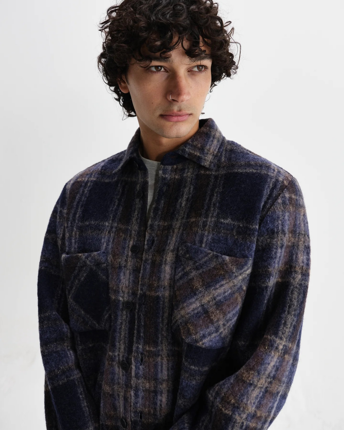 Whiting Wool Blend Check Overshirt - Navy