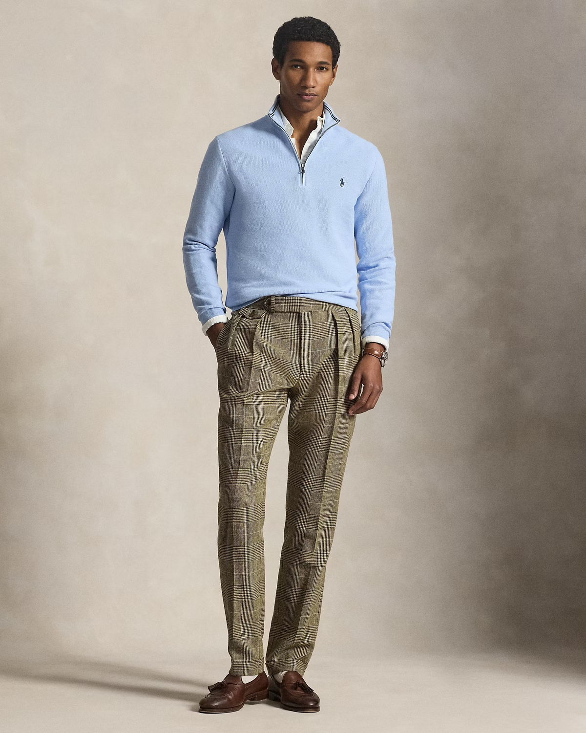 Quarter Zip Textured Mesh Knit Jumper - Sky