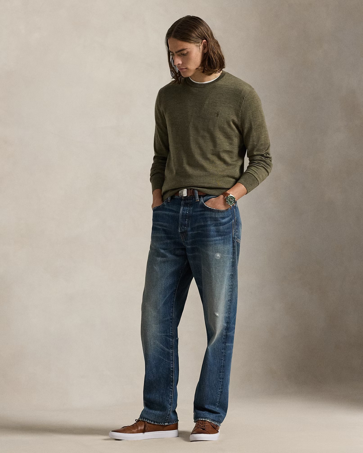 Slim Fit Washable Wool Crewneck Jumper -Olive Heather