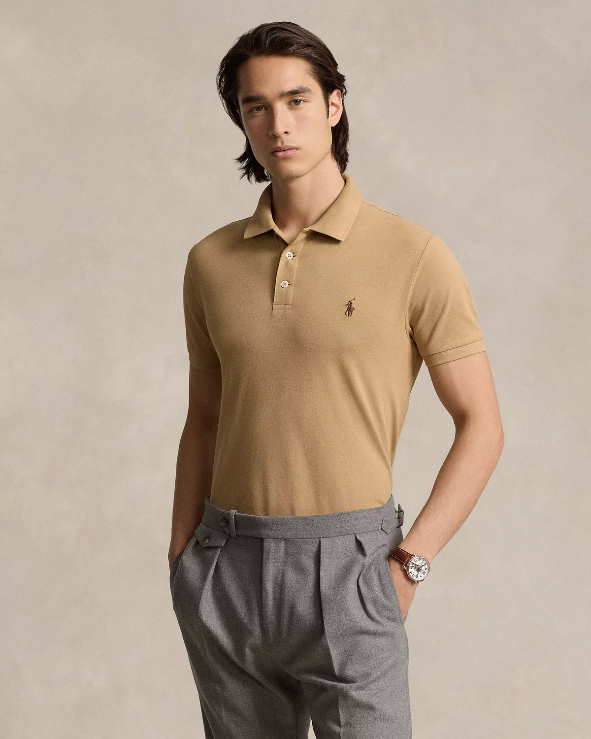 Custom Slim Fit Stretch Mesh Polo - Beige