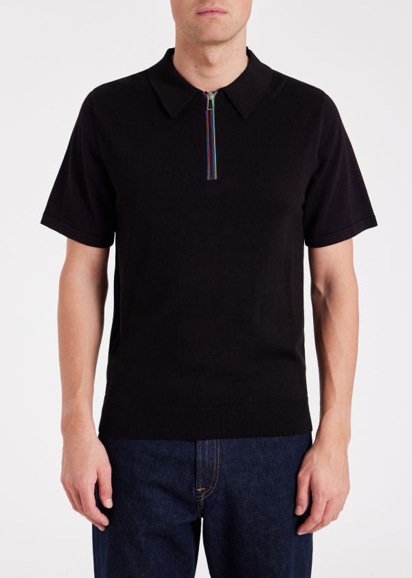Knitted Zip-Neck Polo Shirt - Black