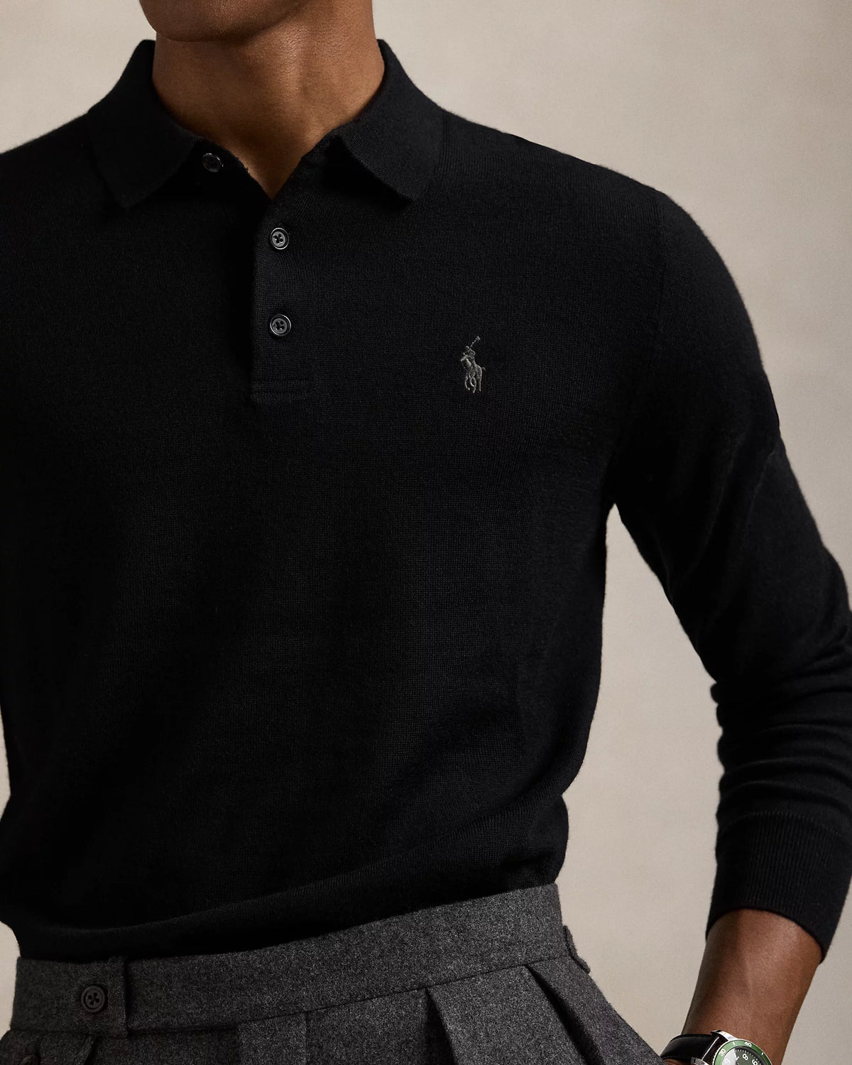 Knitted Long Sleeve Merino Wool Polo - Black