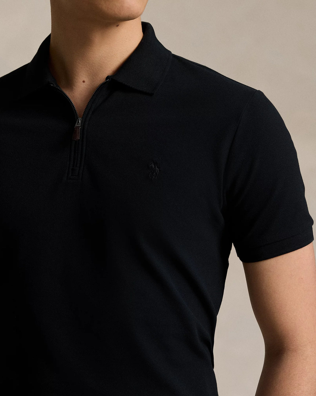 Custom Slim Stretch Mesh Zip Polo - Black