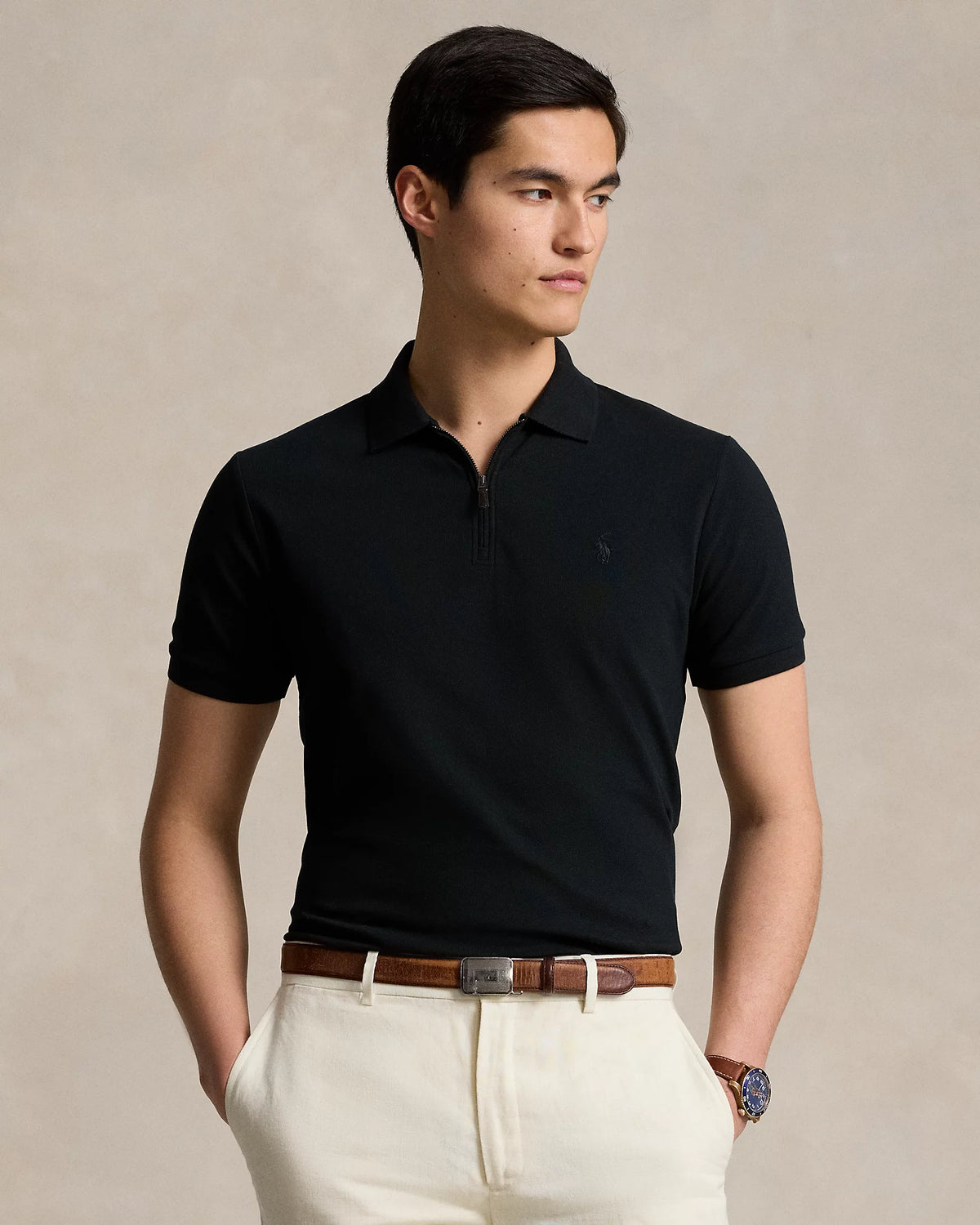 Custom Slim Stretch Mesh Zip Polo - Black