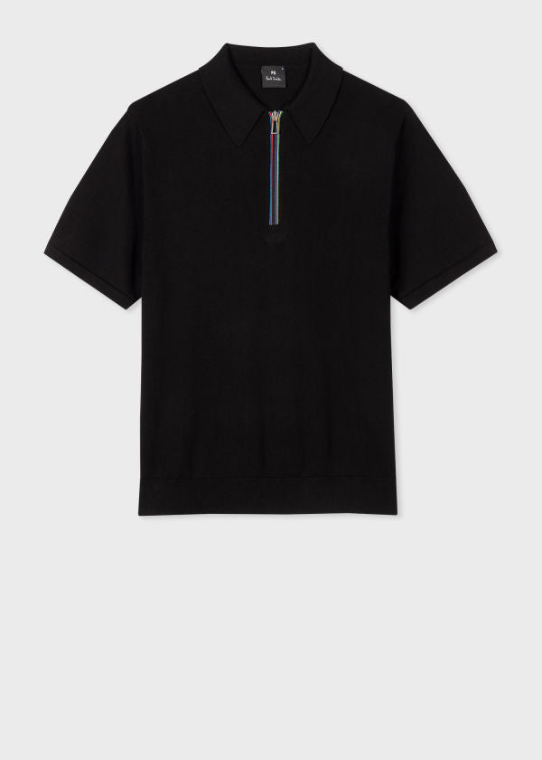 Knitted Zip-Neck Polo Shirt - Black