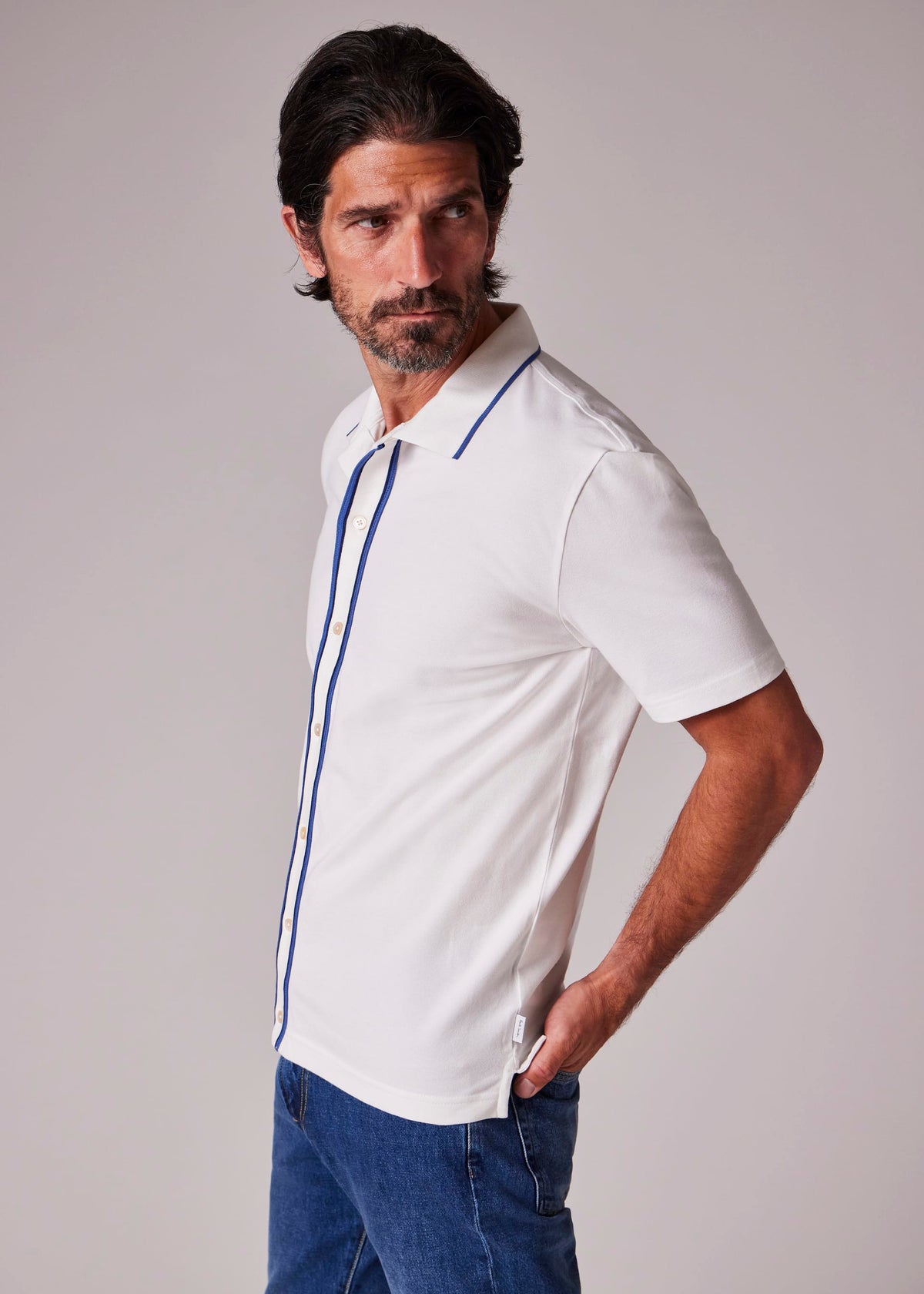Full Button Stretch Polo Shirt - Ecru