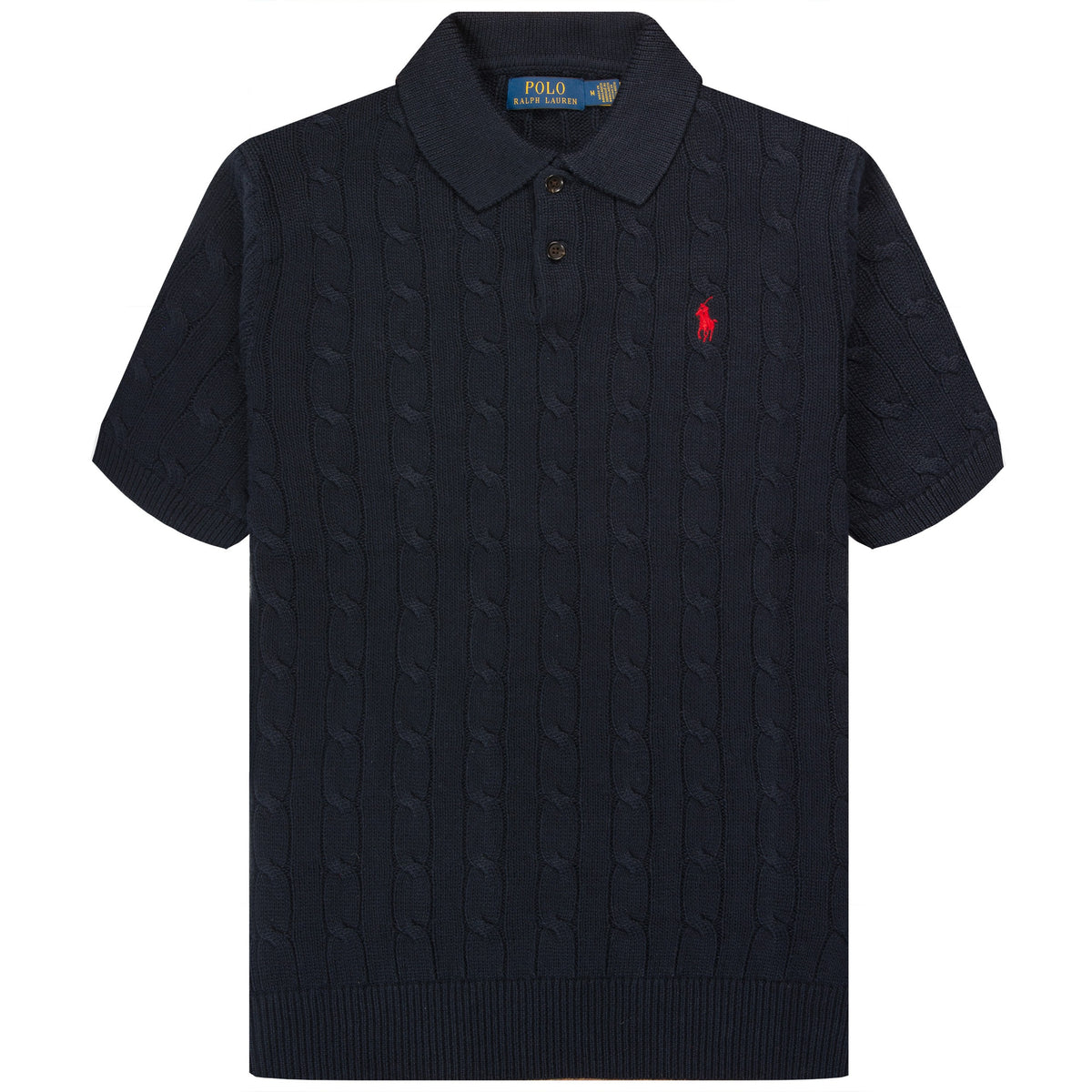 Cable Knit Short Sleeve Polo - Navy