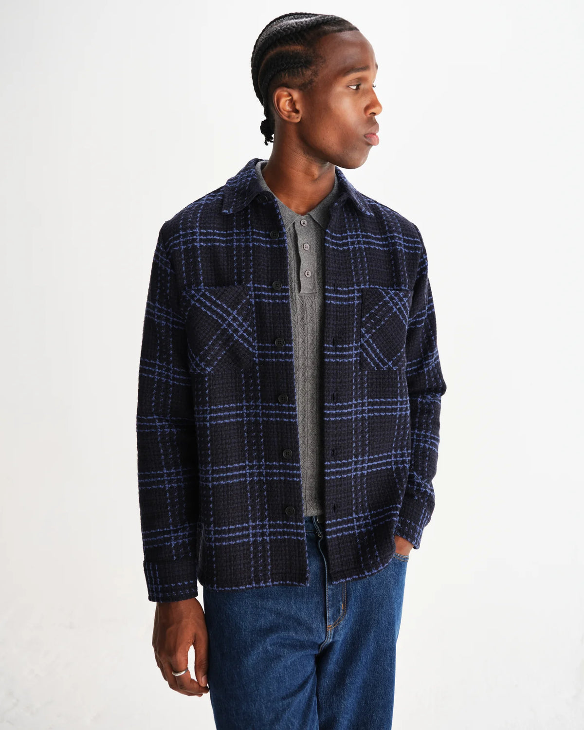 Whiting Block Check Overshirt - Navy/Black