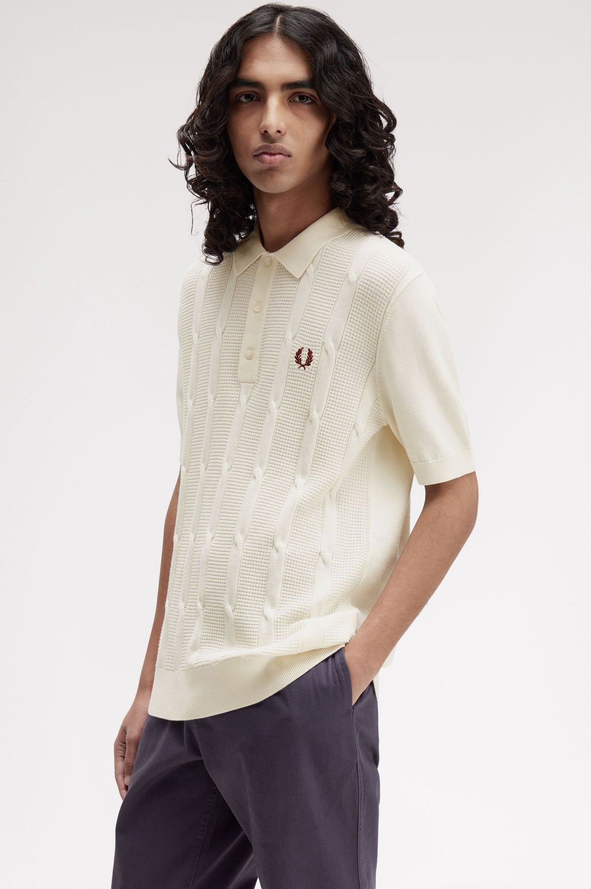 Textured Cable Knitted Polo Shirt - Cream