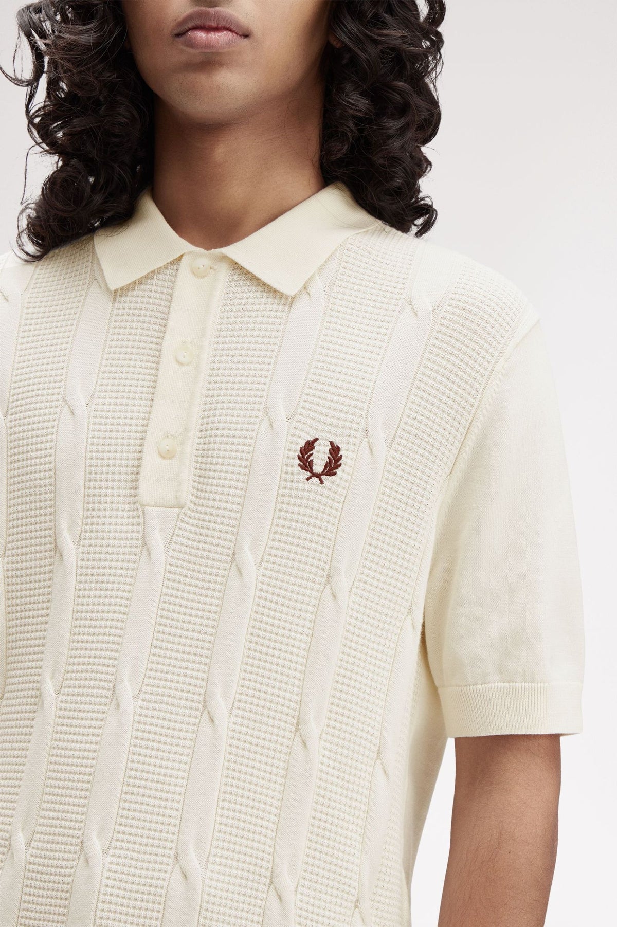 Textured Cable Knitted Polo Shirt - Cream