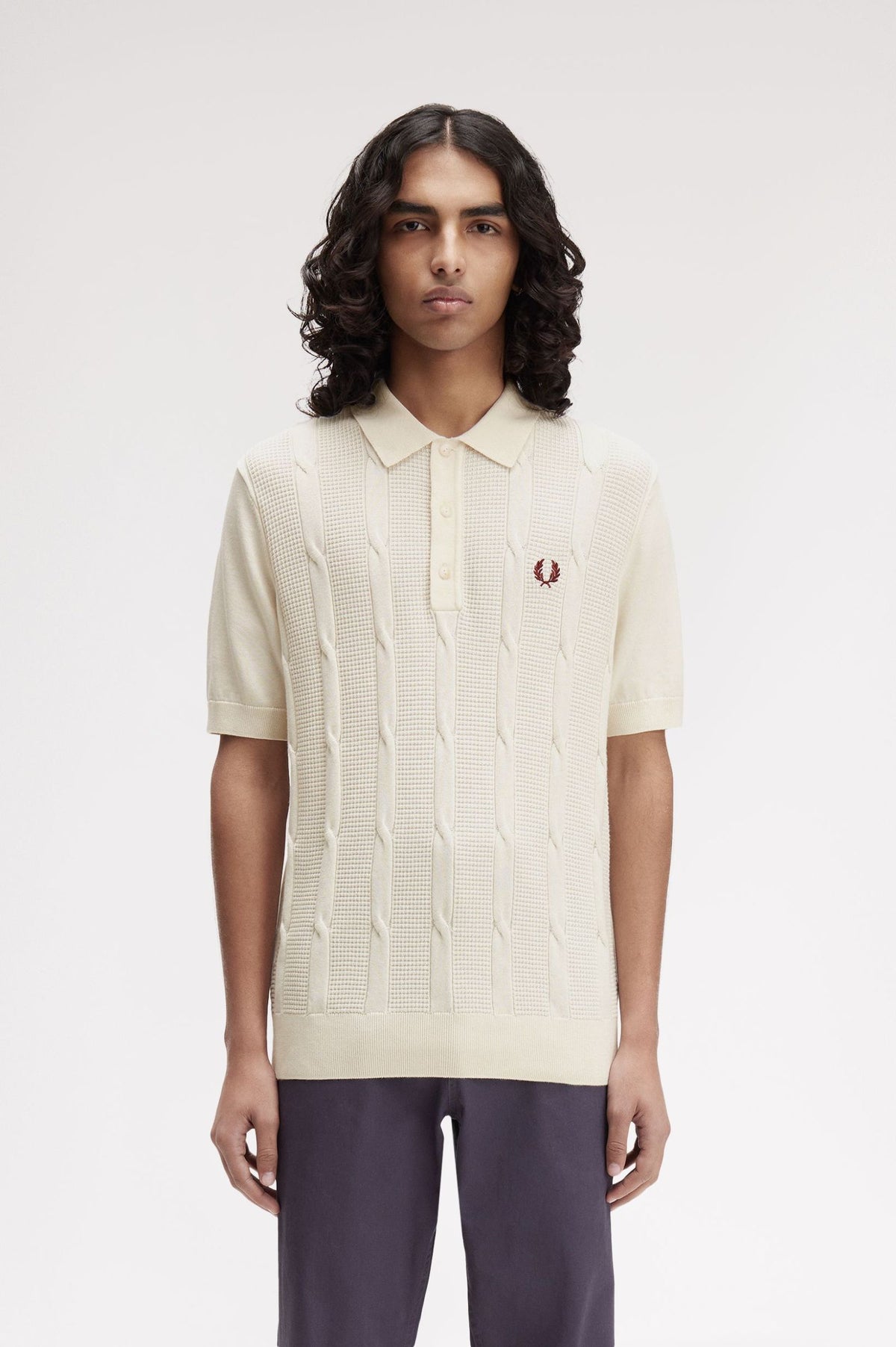 Textured Cable Knitted Polo Shirt - Cream
