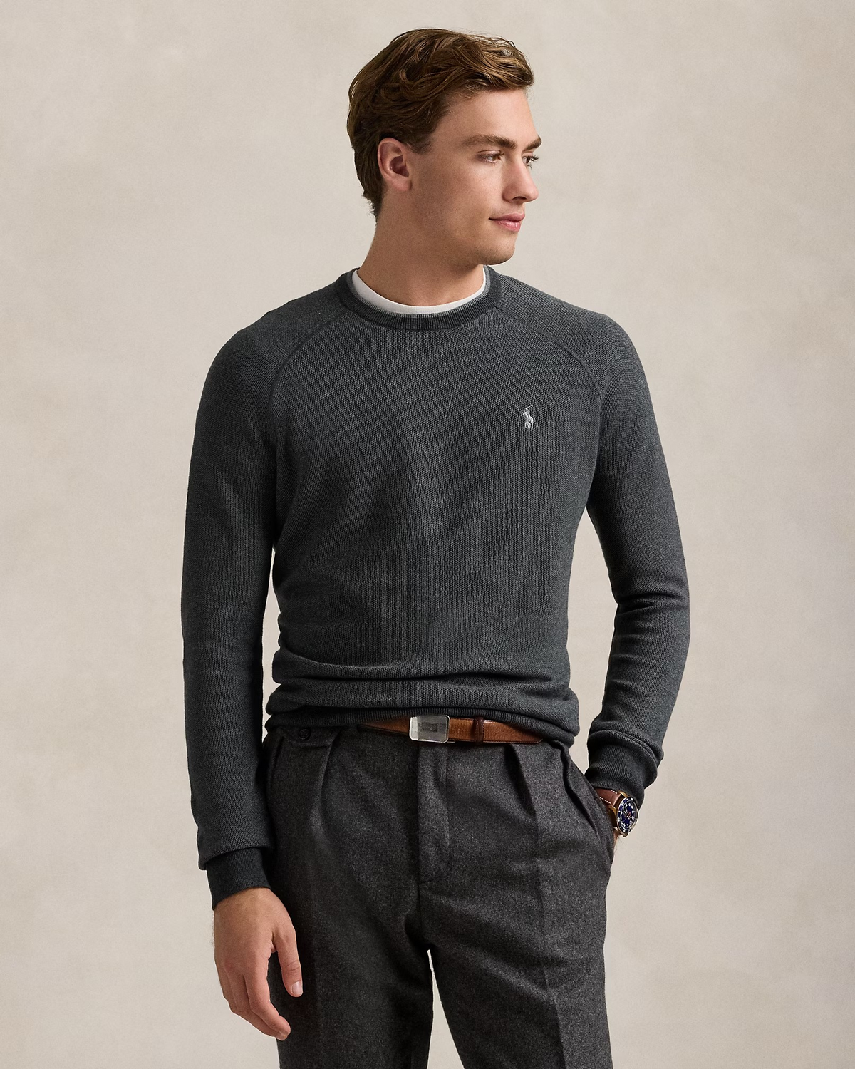 Textured Cotton Crewneck Jumper - Charcoal Grey