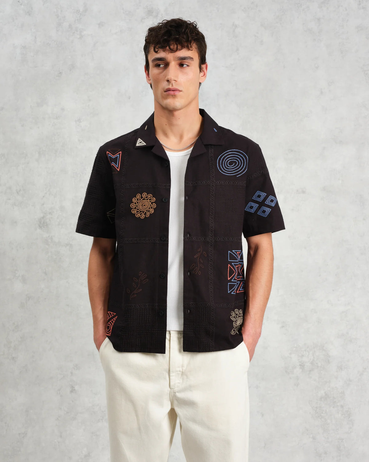 Didcot Doodle Embroidered Short Sleeve Shirt - Navy