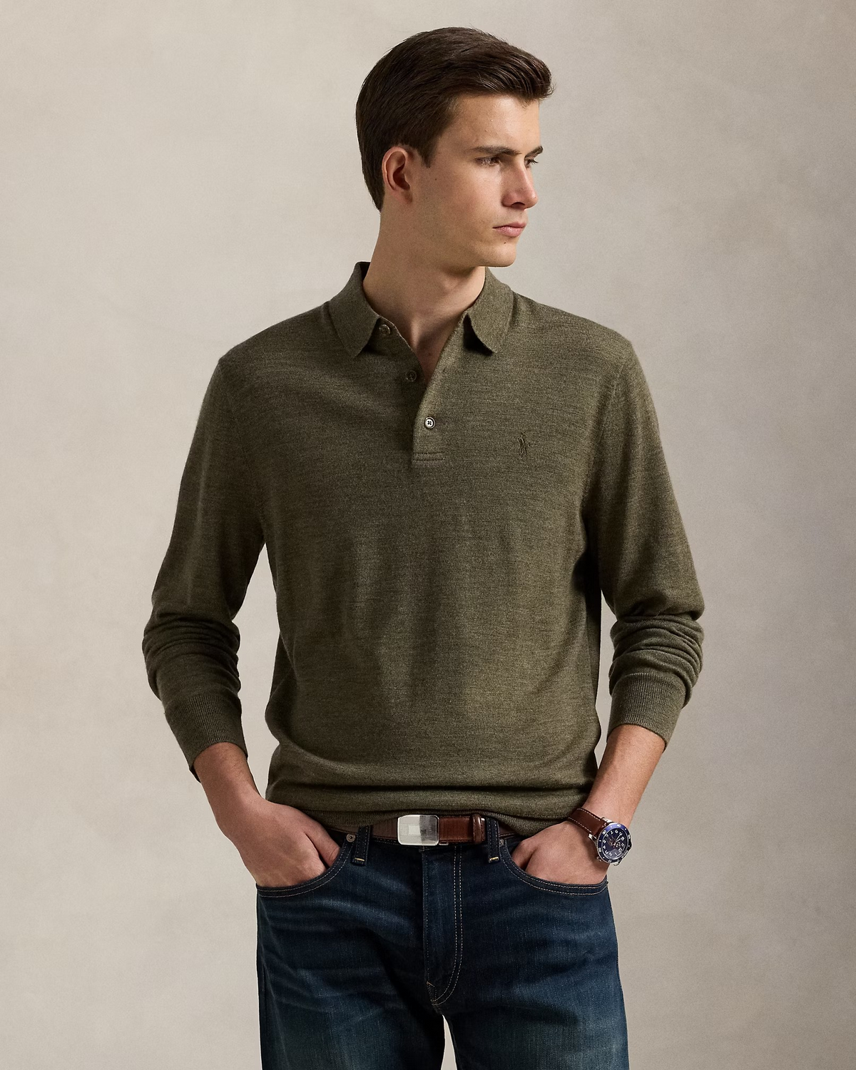 Knitted Wool Long Sleeve Polo - Green