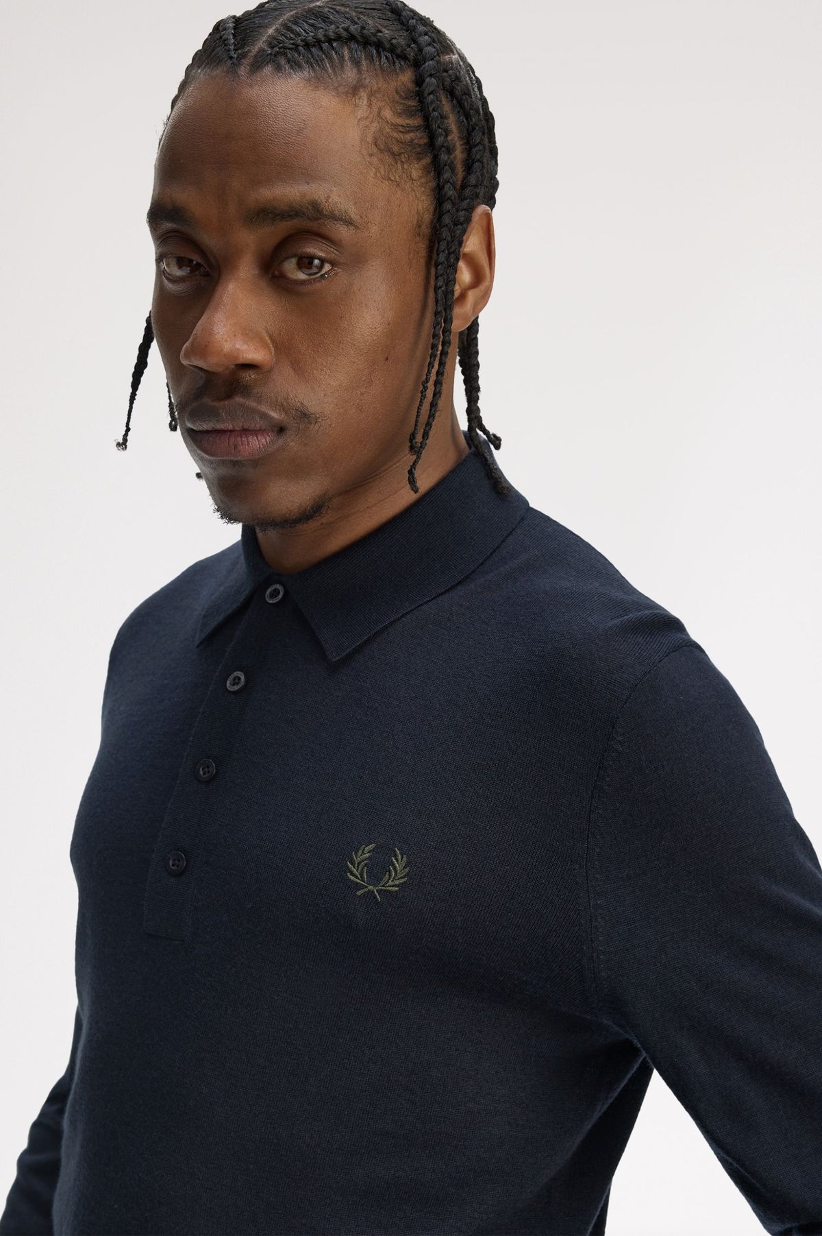 Fine Knitted Long Sleeve Polo Shirt - Navy