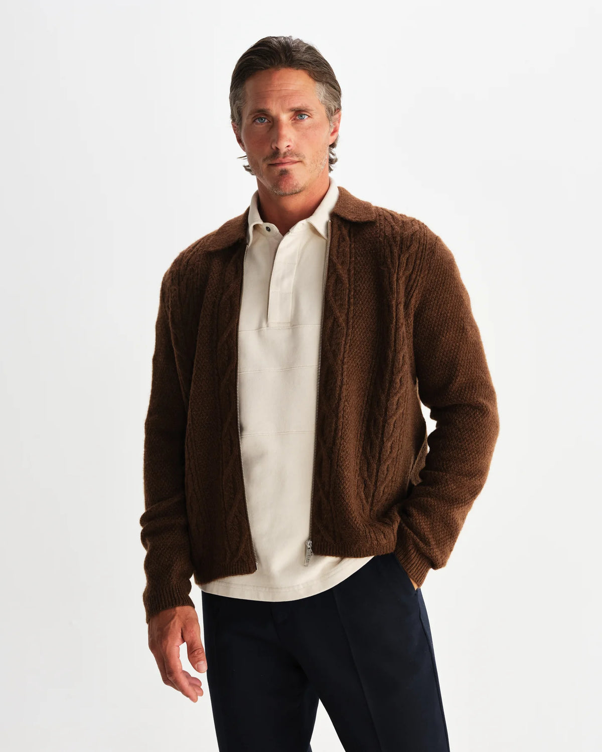 Friar Brush Cable Knit Zip Cardigan - Brown