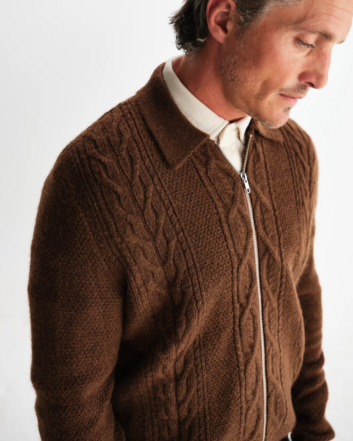 Friar Brush Cable Knit Zip Cardigan - Brown