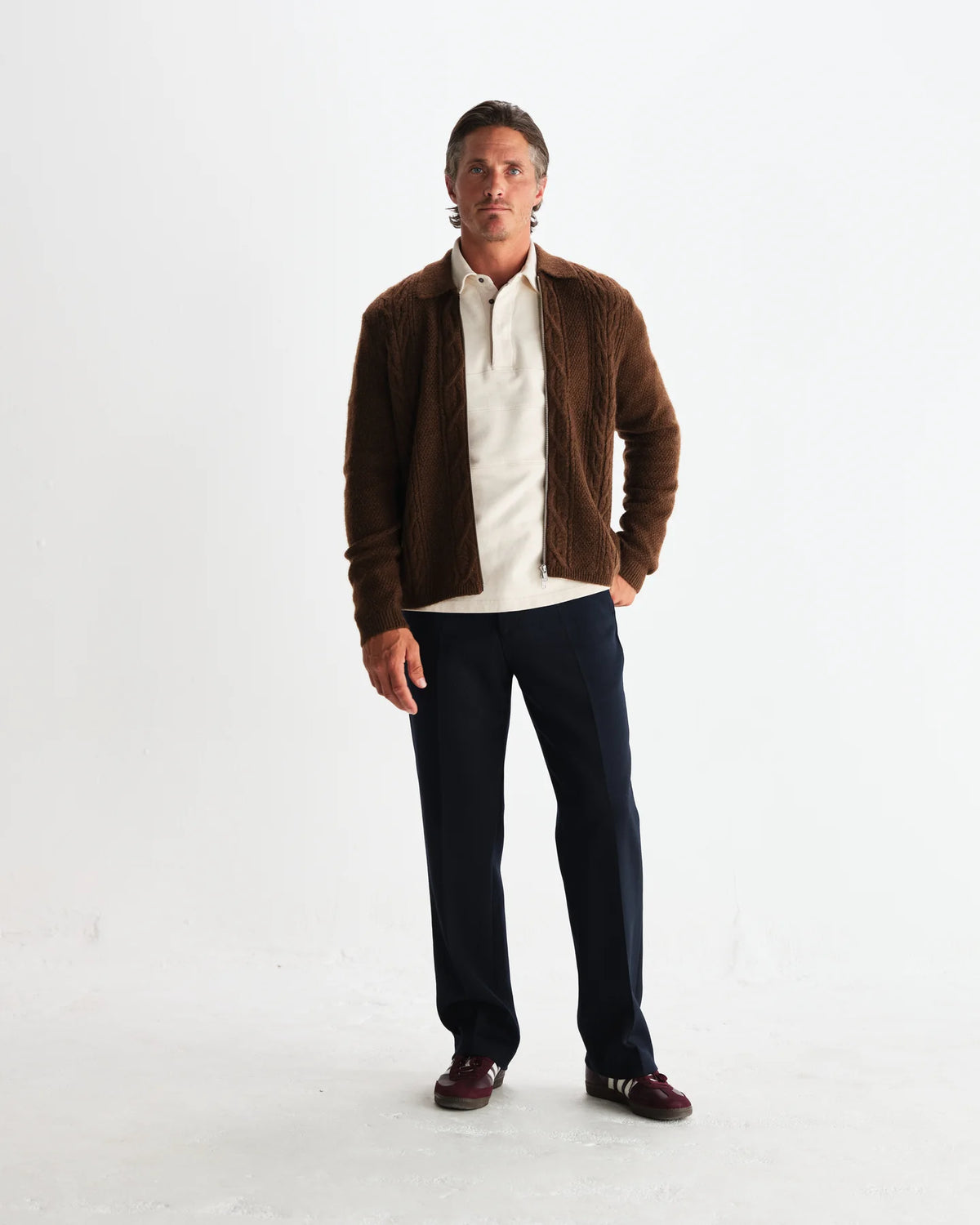 Friar Brush Cable Knit Zip Cardigan - Brown