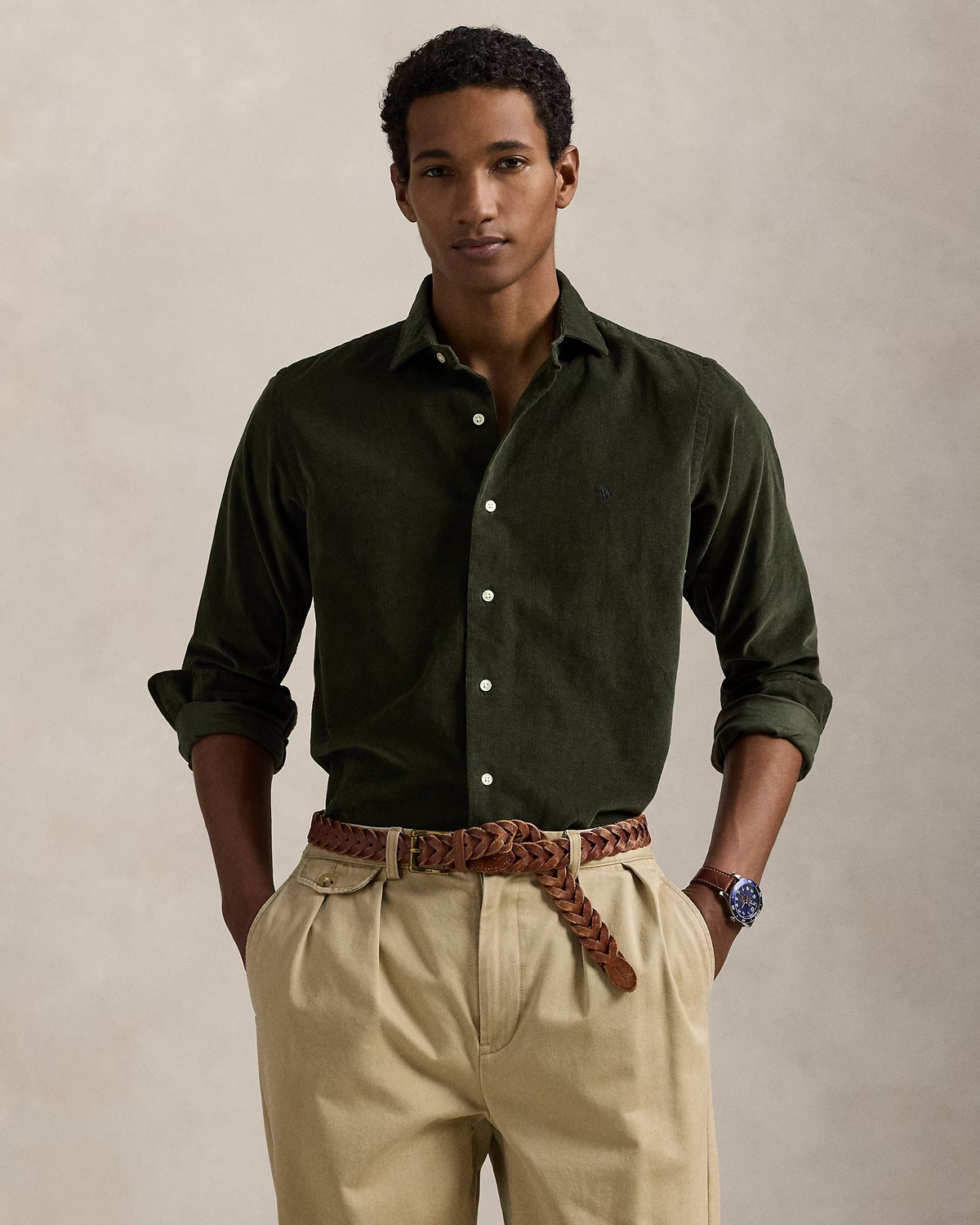 Custom Fit Corduroy Shirt - Olive