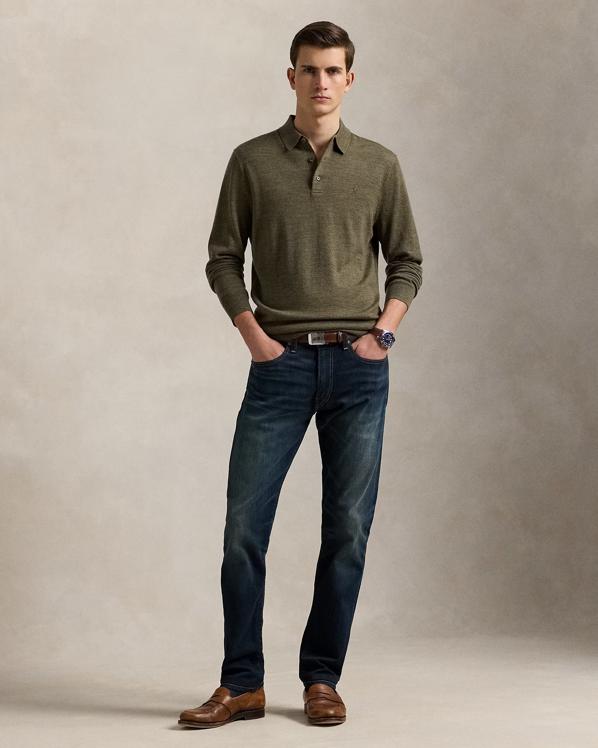 Knitted Wool Long Sleeve Polo - Green